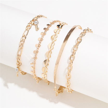 Flag Village 5 Pcs Women Fashion Gold Color Heart Crystal Key Anklets For Women Trendy Snake Chain Anklets For Women Foot Jewelry Gifts