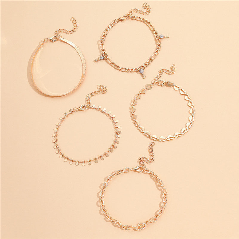 Flag Village 5 Pcs Women Fashion Gold Color Heart Crystal Key Anklets For Women Trendy Snake Chain Anklets For Women Foot Jewelry Gifts