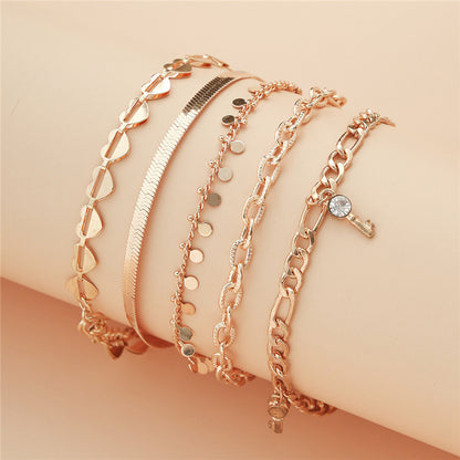 Flag Village 5 Pcs Women Fashion Gold Color Heart Crystal Key Anklets For Women Trendy Snake Chain Anklets For Women Foot Jewelry Gifts