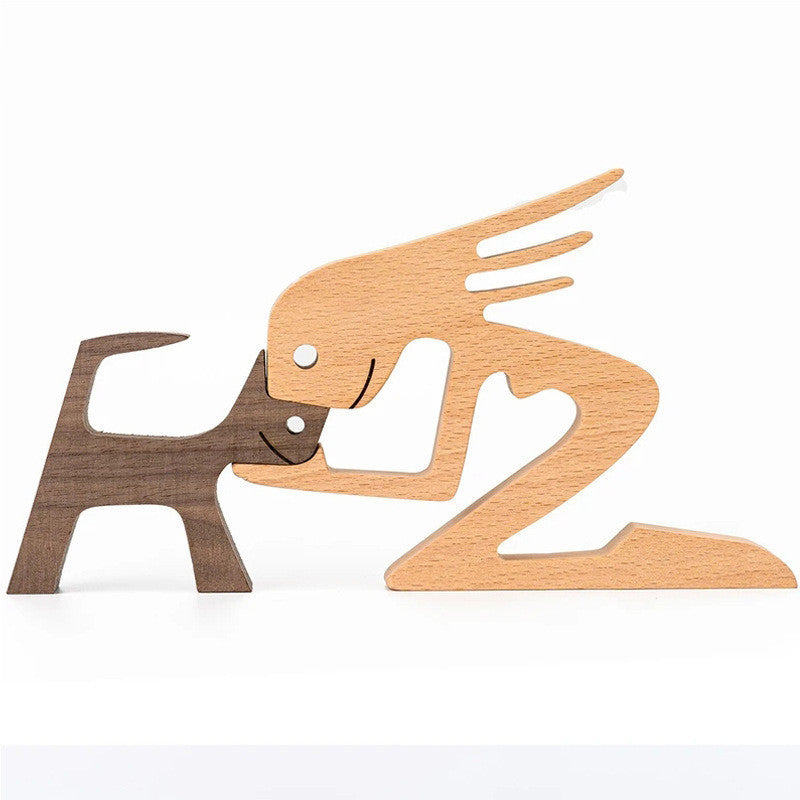 Flag Village DIY Figurine Wood Dog Ornament Sculpture Home Decoration A Man A Dog Wood Sculpture Christmas Gifts Model Decor