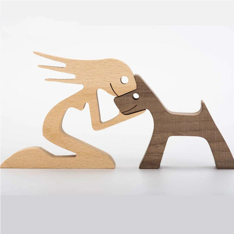 Flag Village DIY Figurine Wood Dog Ornament Sculpture Home Decoration A Man A Dog Wood Sculpture Christmas Gifts Model Decor