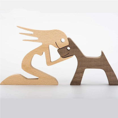 Flag Village DIY Figurine Wood Dog Ornament Sculpture Home Decoration A Man A Dog Wood Sculpture Christmas Gifts Model Decor