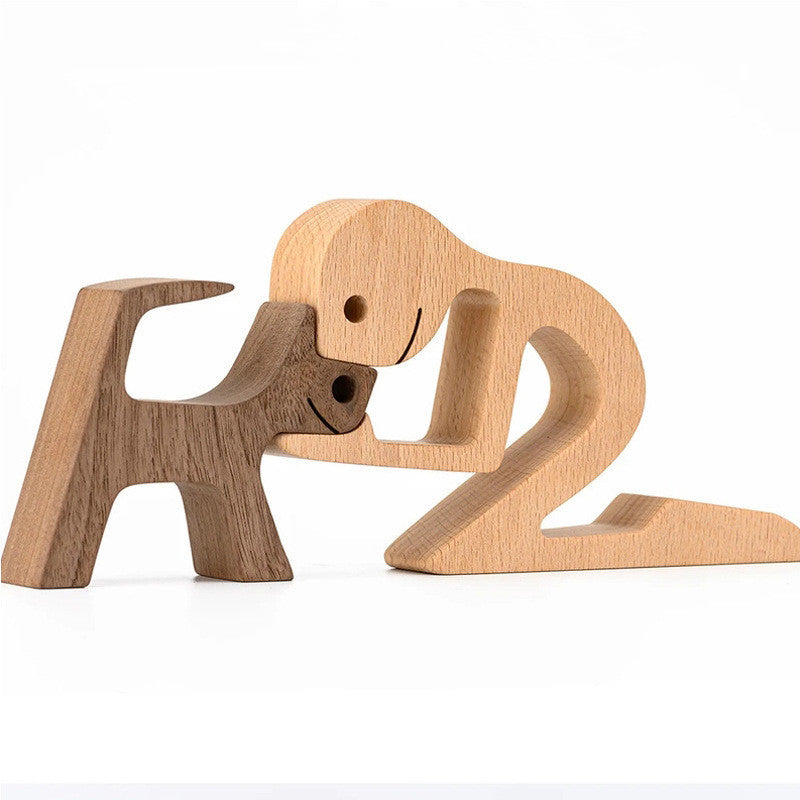 Flag Village DIY Figurine Wood Dog Ornament Sculpture Home Decoration A Man A Dog Wood Sculpture Christmas Gifts Model Decor