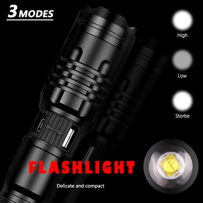 Flag Village Super Bright Flashlight Zoomable USB Rechargeable Electric Torch 5 Modes Torch Outdoor Fishing Waterproof