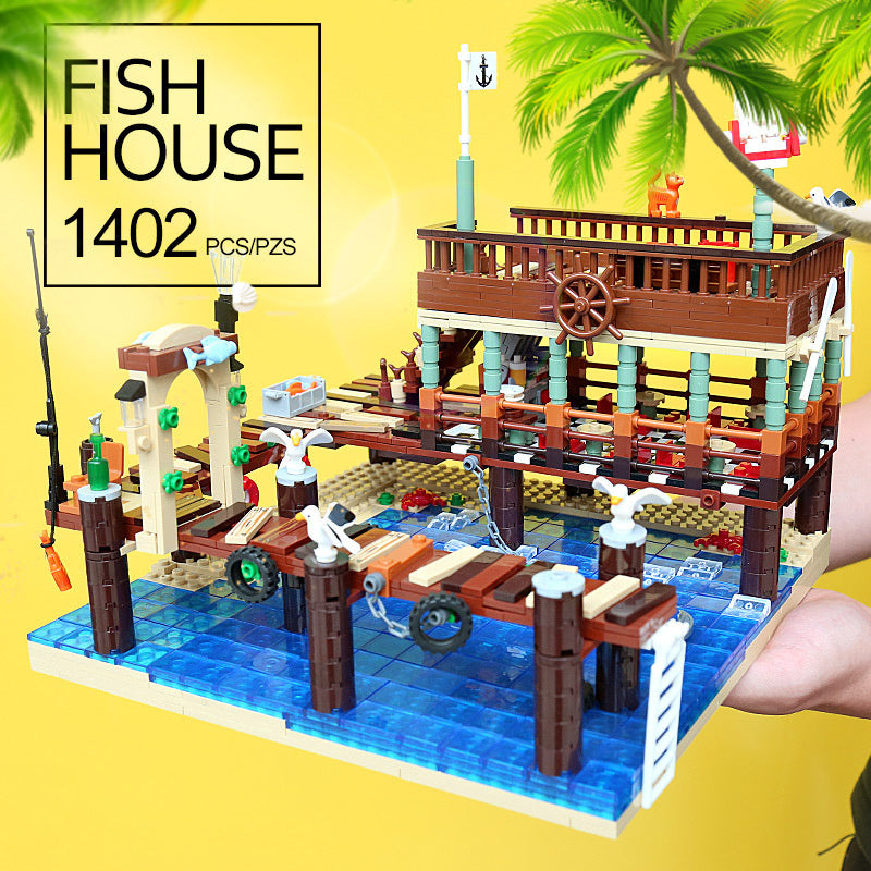 Flag Village Blocks Bricks Old Fishing House Series Captain's Wharf Toys For Kids Christmas Gifts