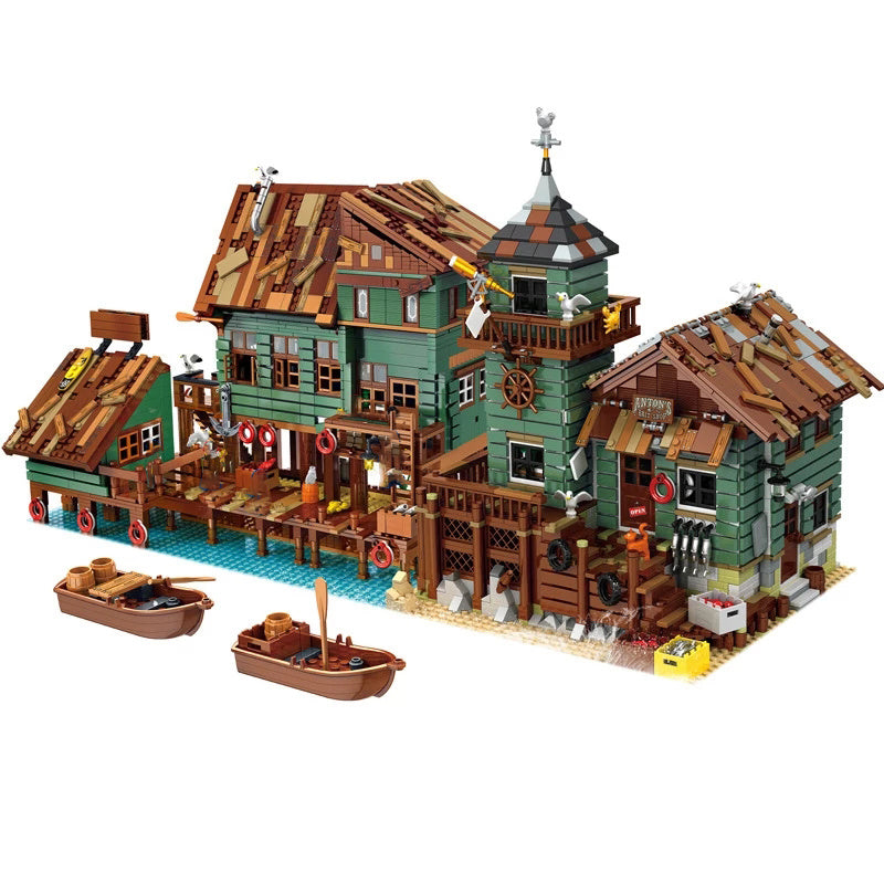 Flag Village Blocks Bricks Old Fishing House Series Captain's Wharf Toys For Kids Christmas Gifts