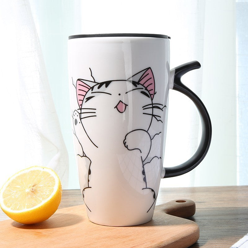 Flag Village Cute Cat Ceramics Coffee Mug With Lid Large Capacity 600ml Animal Mugs Creative Drinkware Coffee Tea Cups Novelty Gifts Milk Cup