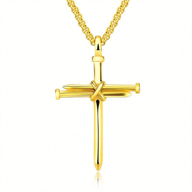 Flag Village Steel Gold Black Color Fashion Mens Iron Nail Cross Pendant Necklace Stainless Steel 3mm Round Box Chain Jewelry Gift For Men