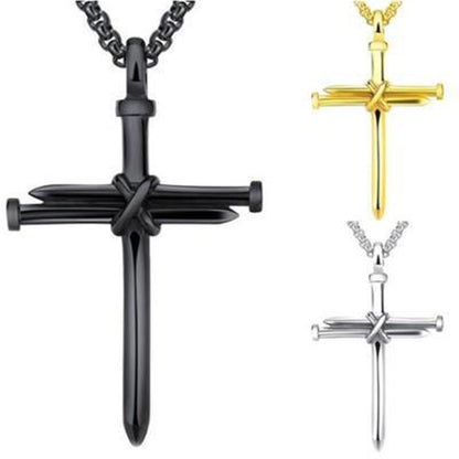 Flag Village Steel Gold Black Color Fashion Mens Iron Nail Cross Pendant Necklace Stainless Steel 3mm Round Box Chain Jewelry Gift For Men