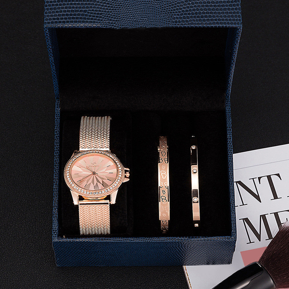Flag Village Goddess Stainless Steel Bracelet Watch Three-Piece Gift Box Set