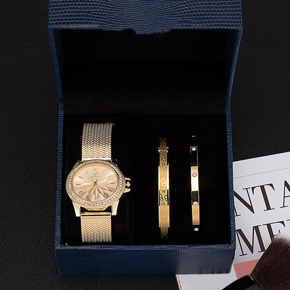 Flag Village Goddess Stainless Steel Bracelet Watch Three-Piece Gift Box Set