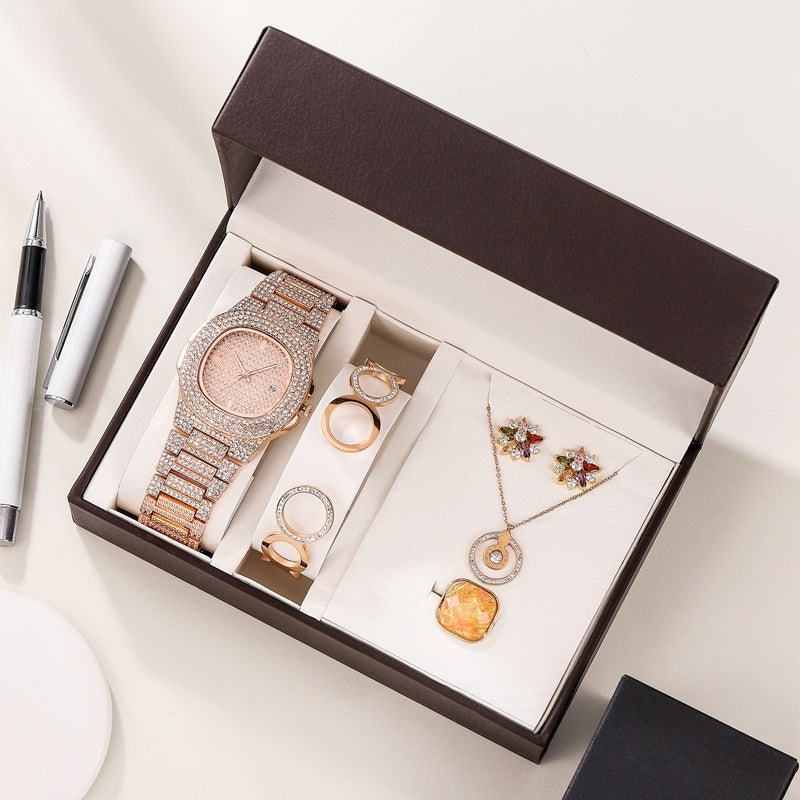 Flag Village Watch Full Diamond Exaggerated Stainless Steel Women'S Suit Combination Gift Box Watch
