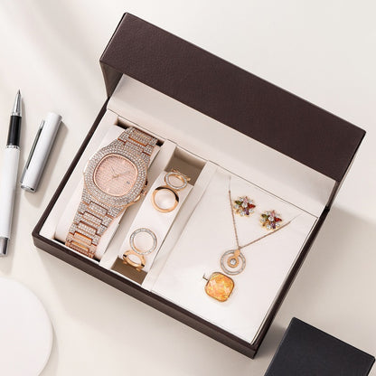 Flag Village Watch Full Diamond Exaggerated Stainless Steel Women'S Suit Combination Gift Box Watch