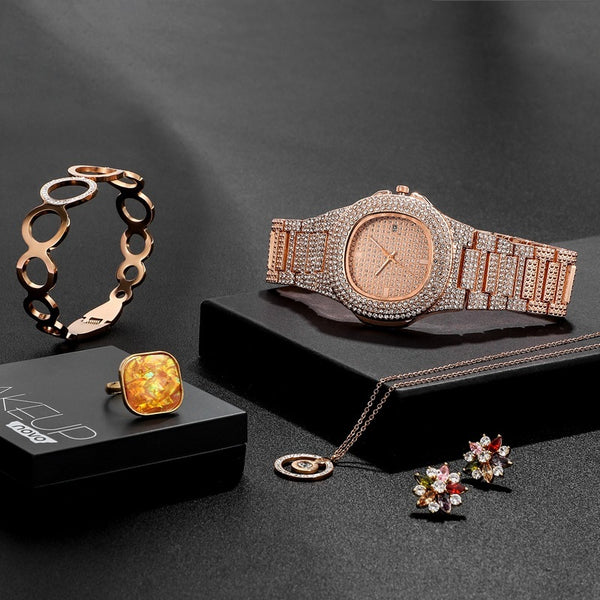 Flag Village Watch Full Diamond Exaggerated Stainless Steel Women'S Suit Combination Gift Box Watch