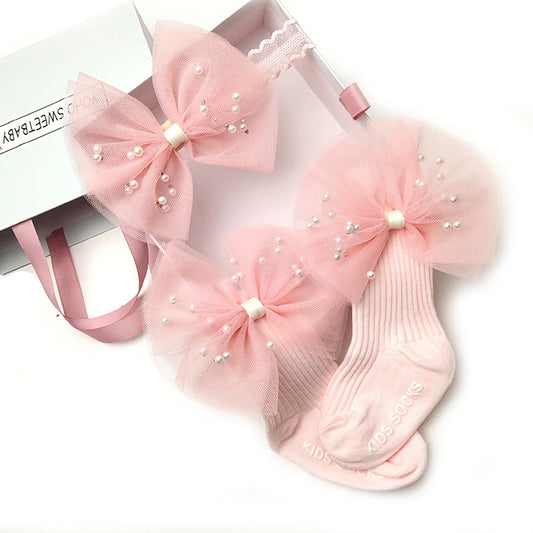 Flag Village Children's Princess Pearl Lace Hair Tie Socks Gift Box Full Moon One Year Old Newborn Hand Gift Set