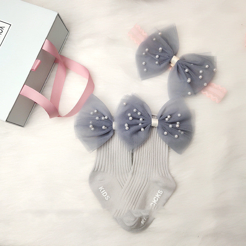 Flag Village Children's Princess Pearl Lace Hair Tie Socks Gift Box Full Moon One Year Old Newborn Hand Gift Set