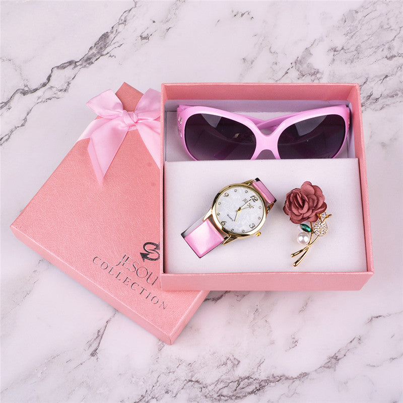 Flag Village Women Watches Leather Quartz Wristwatch Sunglasses Corsage 3 Pcs Girl Christmas Gift New Year Gift Ladies Gift Box