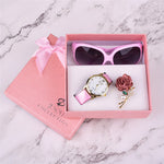 Flag Village Women Watches Leather Quartz Wristwatch Sunglasses Corsage 3 Pcs Girl Christmas Gift New Year Gift Ladies Gift Box