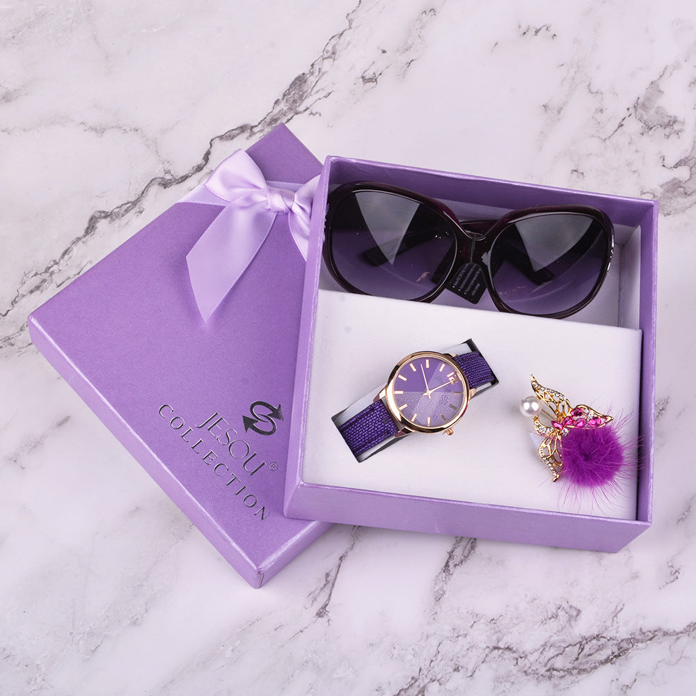 Flag Village Women Watches Leather Quartz Wristwatch Sunglasses Corsage 3 Pcs Girl Christmas Gift New Year Gift Ladies Gift Box