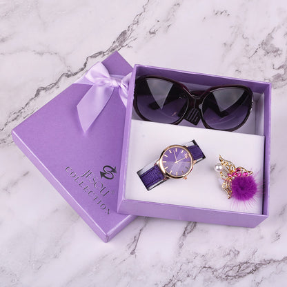 Flag Village Women Watches Leather Quartz Wristwatch Sunglasses Corsage 3 Pcs Girl Christmas Gift New Year Gift Ladies Gift Box