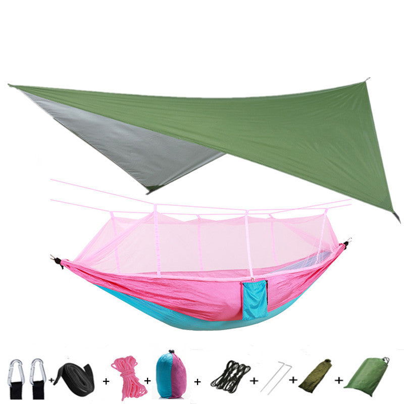 Flag Village Outdoor Parachute Cloth Hammock Couble with Mosquito Net Light Portable Army Green Insect-proof Camping Aerial Tent