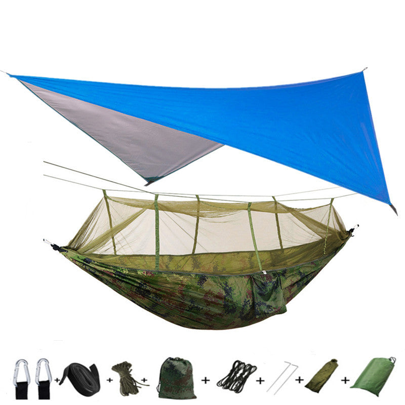 Flag Village Outdoor Parachute Cloth Hammock Couble with Mosquito Net Light Portable Army Green Insect-proof Camping Aerial Tent