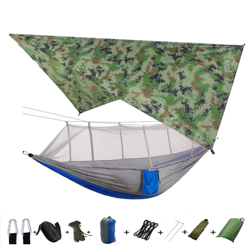 Flag Village Outdoor Parachute Cloth Hammock Couble with Mosquito Net Light Portable Army Green Insect-proof Camping Aerial Tent