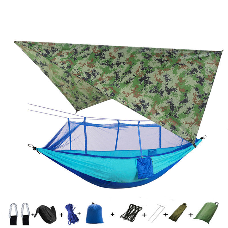 Flag Village Outdoor Parachute Cloth Hammock Couble with Mosquito Net Light Portable Army Green Insect-proof Camping Aerial Tent