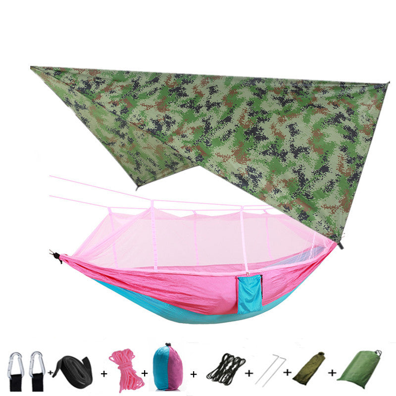 Flag Village Outdoor Parachute Cloth Hammock Couble with Mosquito Net Light Portable Army Green Insect-proof Camping Aerial Tent