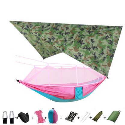 Flag Village Outdoor Parachute Cloth Hammock Couble with Mosquito Net Light Portable Army Green Insect-proof Camping Aerial Tent