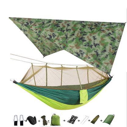 Flag Village Outdoor Parachute Cloth Hammock Couble with Mosquito Net Light Portable Army Green Insect-proof Camping Aerial Tent
