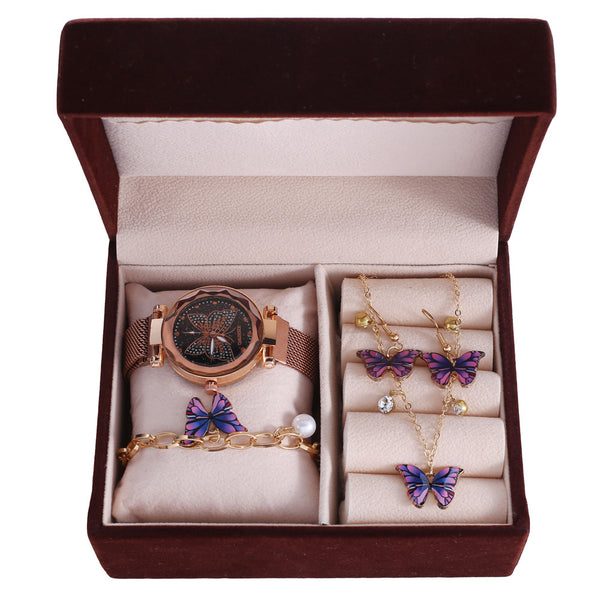 Flag Village Fashion Boutique Butterfly Suit Gift Box Butterfly Dial Watch  Butterfly Necklace  Bracelet  Earrings