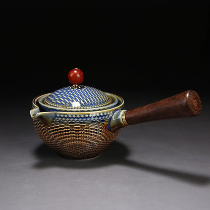 Flag Village Ceramic Teapot With Wooden Handle Side-handle Pot Household Kung Fu Oolong Filter Tea Maker Creative Black Pottery Teaware Gifts