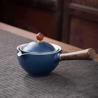 Flag Village Ceramic Teapot With Wooden Handle Side-handle Pot Household Kung Fu Oolong Filter Tea Maker Creative Black Pottery Teaware Gifts