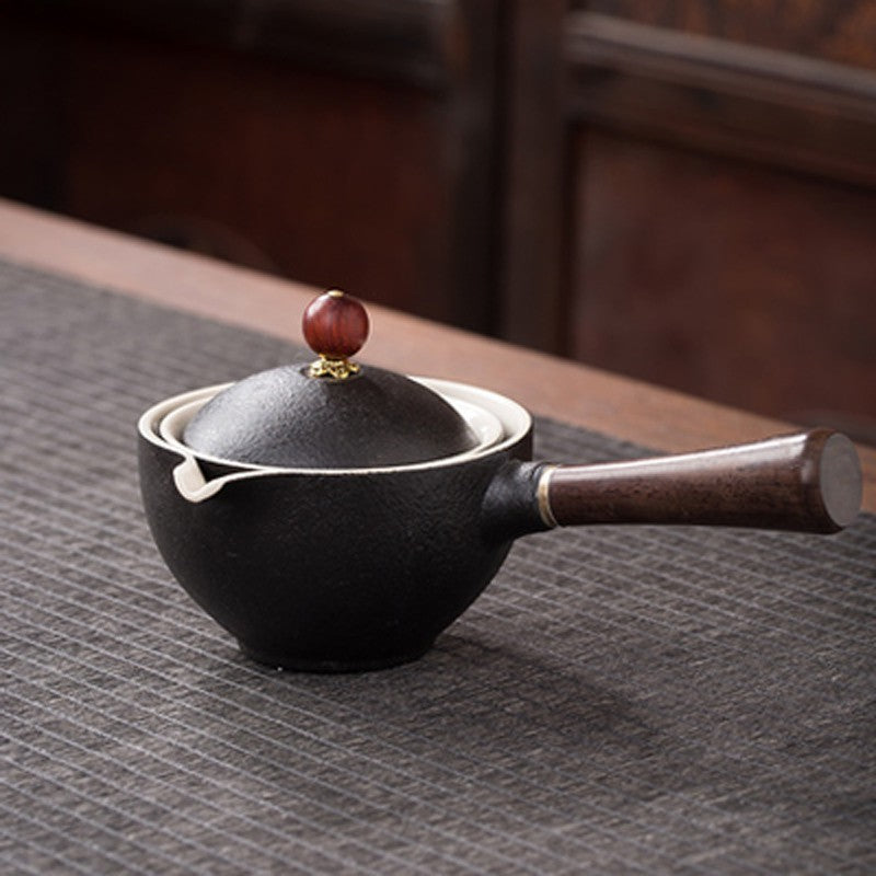 Flag Village Ceramic Teapot With Wooden Handle Side-handle Pot Household Kung Fu Oolong Filter Tea Maker Creative Black Pottery Teaware Gifts