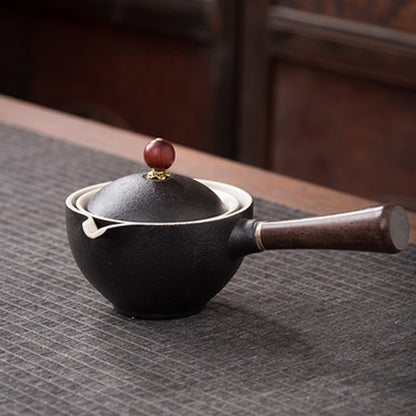 Flag Village Ceramic Teapot With Wooden Handle Side-handle Pot Household Kung Fu Oolong Filter Tea Maker Creative Black Pottery Teaware Gifts