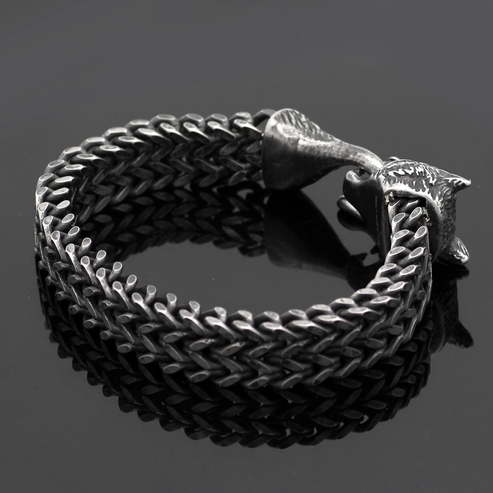 Flag Village Bracelet Men Stainless Steel Vintage Black Wolf Head Cuban Chain Hand Wristband Male Fashion Jewelry Wholesale Accessories Gifts