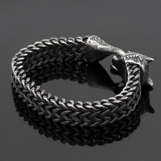 Flag Village Bracelet Men Stainless Steel Vintage Black Wolf Head Cuban Chain Hand Wristband Male Fashion Jewelry Wholesale Accessories Gifts