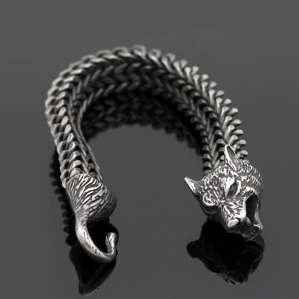 Flag Village Bracelet Men Stainless Steel Vintage Black Wolf Head Cuban Chain Hand Wristband Male Fashion Jewelry Wholesale Accessories Gifts