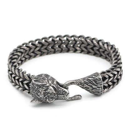 Flag Village Bracelet Men Stainless Steel Vintage Black Wolf Head Cuban Chain Hand Wristband Male Fashion Jewelry Wholesale Accessories Gifts