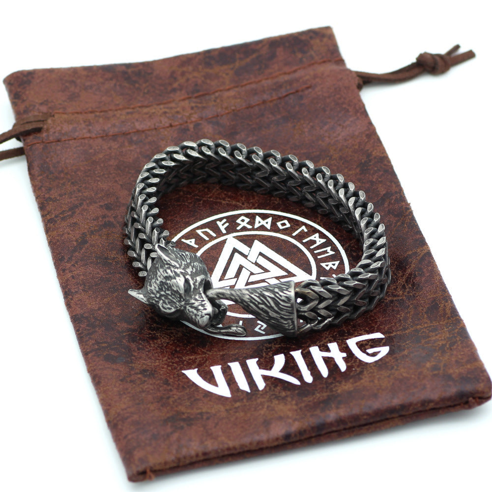 Flag Village Bracelet Men Stainless Steel Vintage Black Wolf Head Cuban Chain Hand Wristband Male Fashion Jewelry Wholesale Accessories Gifts