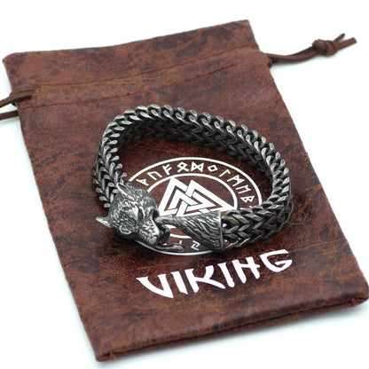 Flag Village Bracelet Men Stainless Steel Vintage Black Wolf Head Cuban Chain Hand Wristband Male Fashion Jewelry Wholesale Accessories Gifts