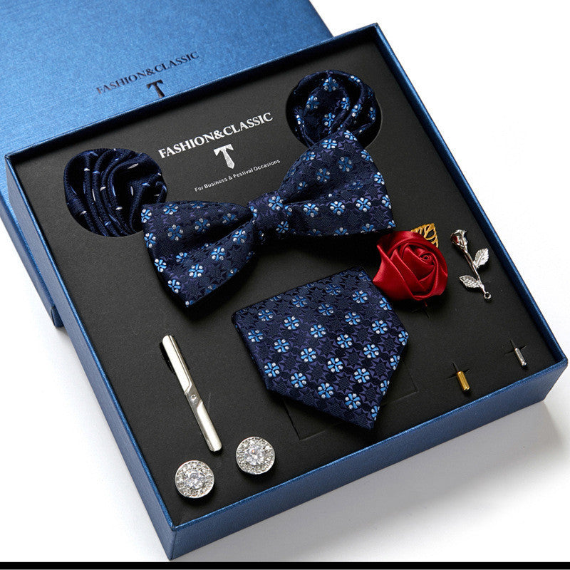Flag Village New Men's Gift Box Tie Fashion Business Striped Necktie Square Scarf Combination Set Gift Box Gift