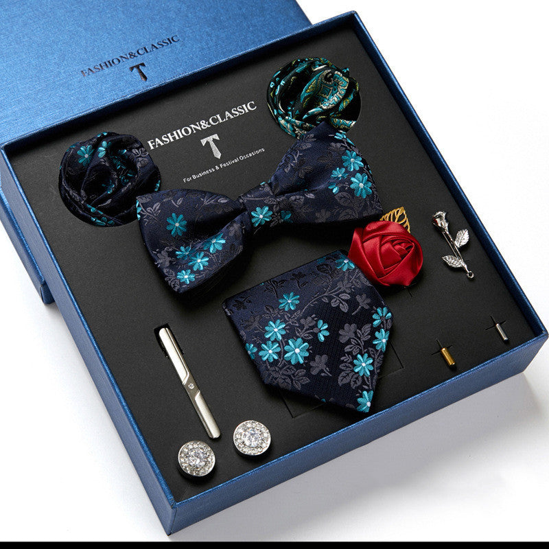 Flag Village New Men's Gift Box Tie Fashion Business Striped Necktie Square Scarf Combination Set Gift Box Gift
