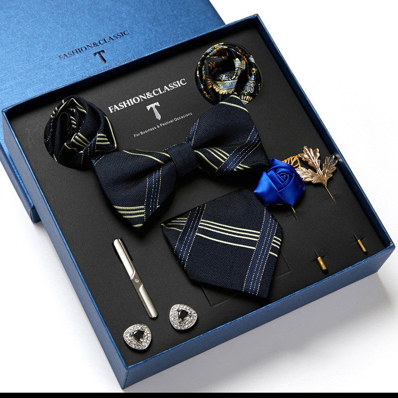 Flag Village New Men's Gift Box Tie Fashion Business Striped Necktie Square Scarf Combination Set Gift Box Gift