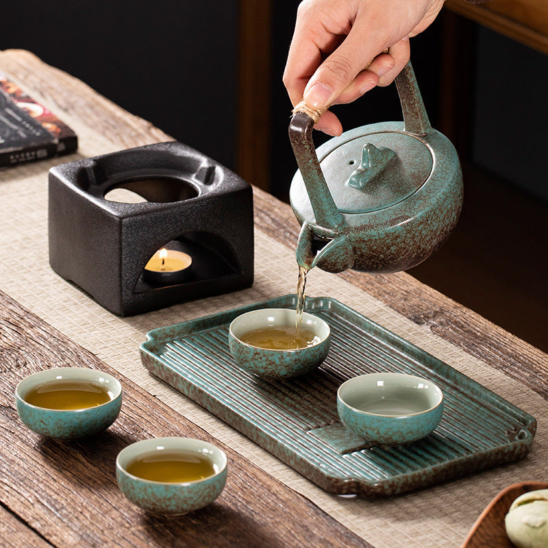 Flag Village Stoneware Japanese Kung Fu Tea Set, One Pot, Four Cups With Dry Tea Tray, Tea Maker, Warm Tea Gift Box Set