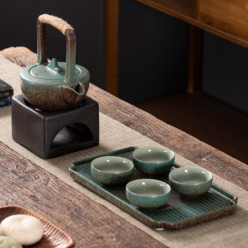 Flag Village Stoneware Japanese Kung Fu Tea Set, One Pot, Four Cups With Dry Tea Tray, Tea Maker, Warm Tea Gift Box Set