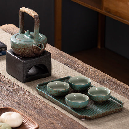 Flag Village Stoneware Japanese Kung Fu Tea Set, One Pot, Four Cups With Dry Tea Tray, Tea Maker, Warm Tea Gift Box Set