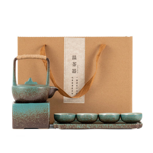 Flag Village Stoneware Japanese Kung Fu Tea Set, One Pot, Four Cups With Dry Tea Tray, Tea Maker, Warm Tea Gift Box Set