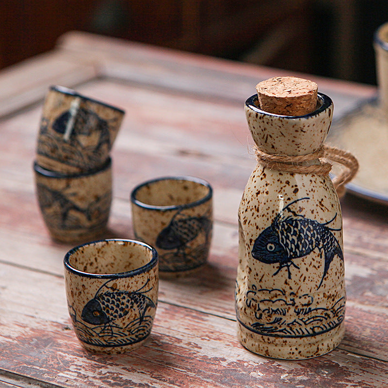 Flag Village Japanese Retro Sake Wine Warmer Gift Box Set Hot Wine Shochu Pot Ceramic Wine Cup White Wine Household Wine Glass